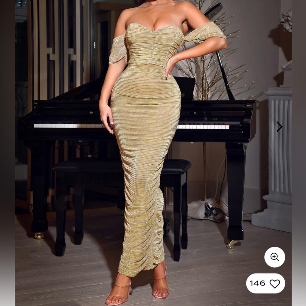 Miss Circle Gene Gold Ruched Off Shoulder Chiffon Dress
